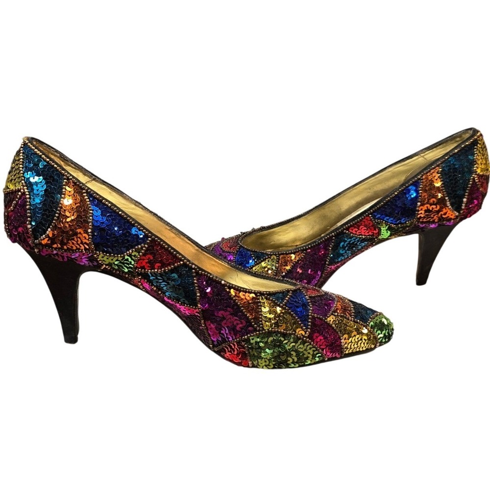 Vintage 1990s‎ Caparros Multi-colored sequins Size 7.5B Heel Size 3.5" Prom